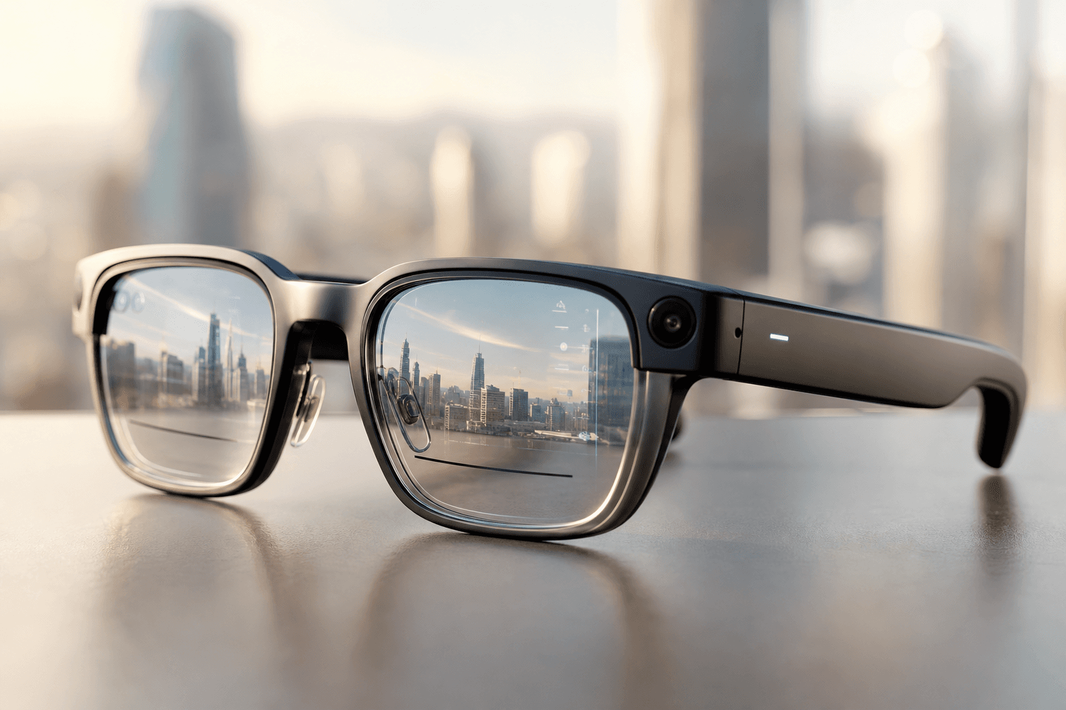 Smukłe smart okulary w nowoczesnej, technologicznej aranżacji symbolizujące premierę nowego urządzenia Google i Samsunga