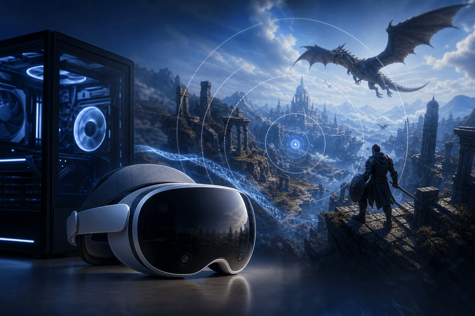 Ilustracja przedstawiająca headset inspirowany Apple Vision Pro połączony z gamingowym pecetem i światem fantasy, sugerująca streaming PC VR z foveated streamingiem.